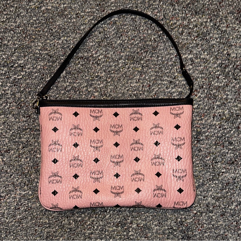 MCM Pink Monogram Clutch with dark navy  Accents